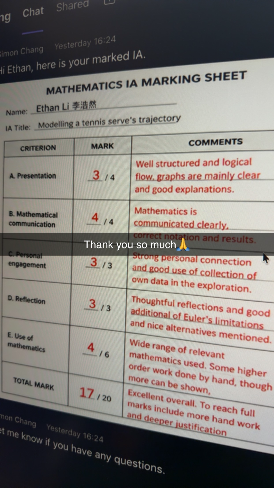 Ethan's 17/20 marked IA returned over chat